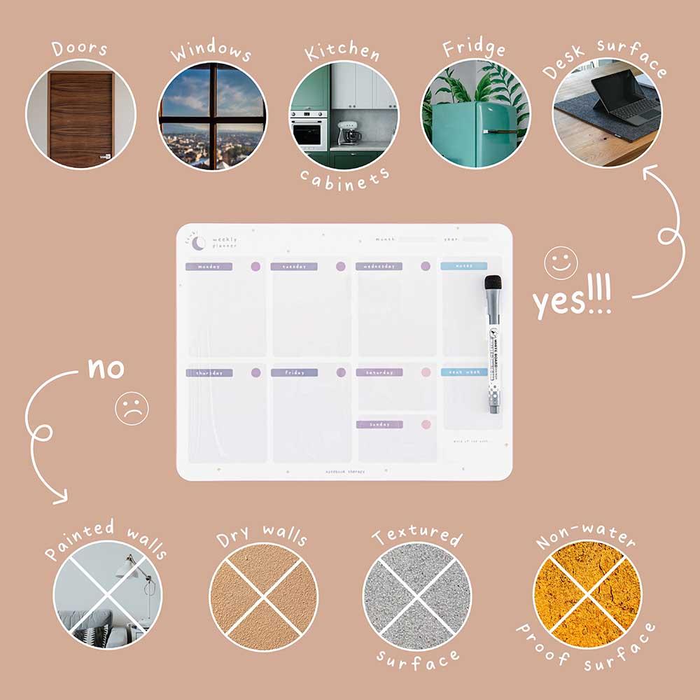 Tsuki Reusable Weekly Planner with dry erase marker for doors and windows and kitchen cabinets and fridge and desk surface on light pink background