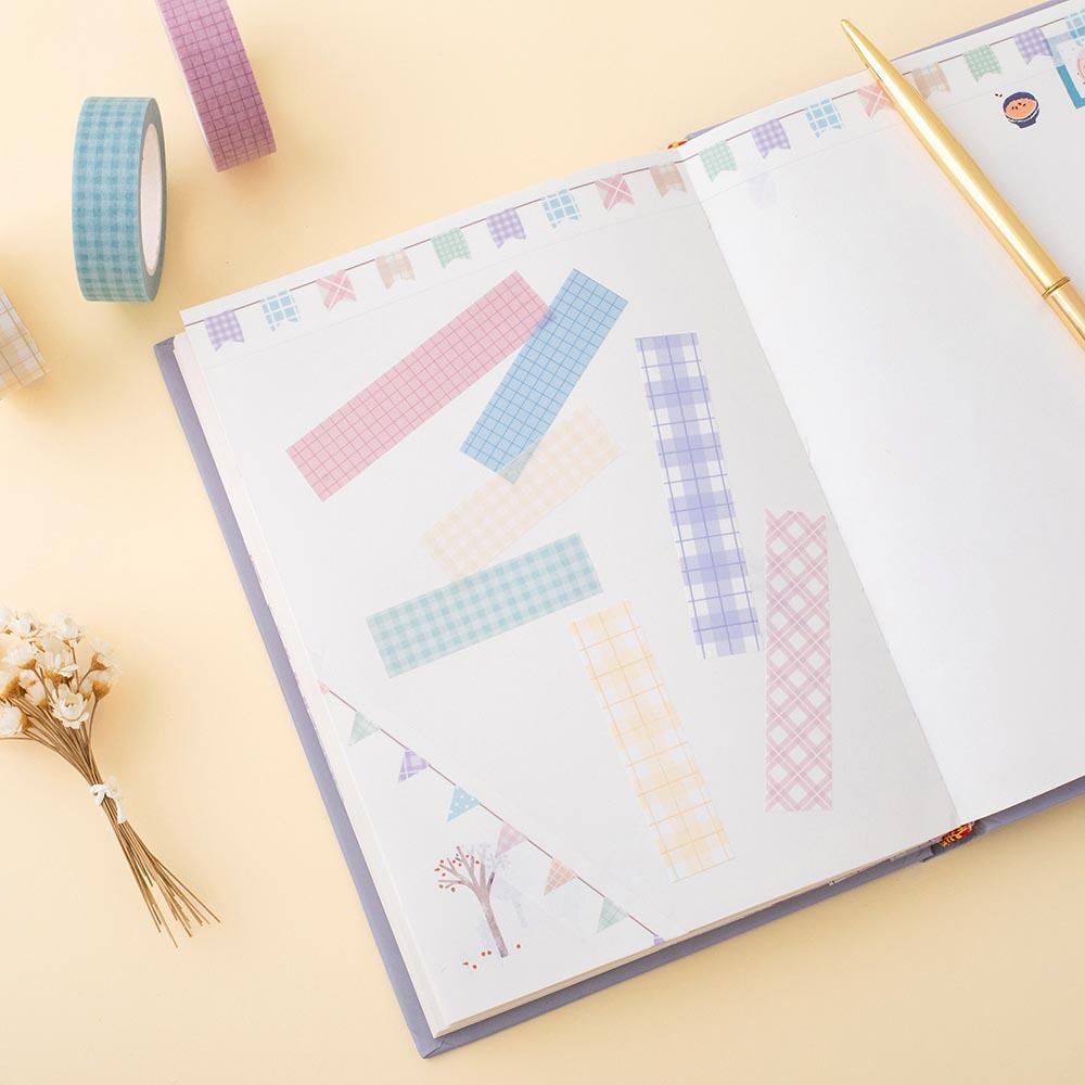Tsuki Core Washi Tape Set in Pastel with luxury eco-friendly gift box packaging on white card with flowers on beige background