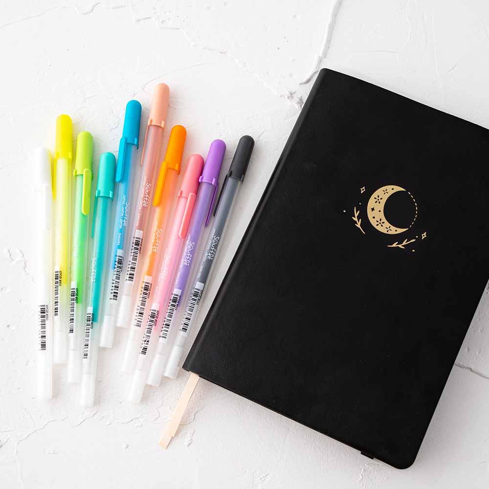 Gelly Roll Pens with Tsuki Black Paper Limited Edition Hardcover Bullet Journal in Moonflower on white background