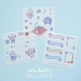 Tsuki ‘Four Seasons’ Washi Tape Set by Notebook Therapy x Milkkoyo three free sticker sheets on light blue background