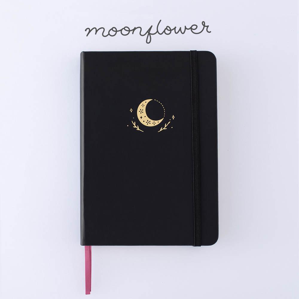 Tsuki Black Paper Limited Edition Hardcover Bullet Journal in Moonflower on white background
