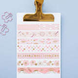 Tsuki 'Sakura Edition' Washi Tape Set on white clipboard with bookmark clips on light blue background