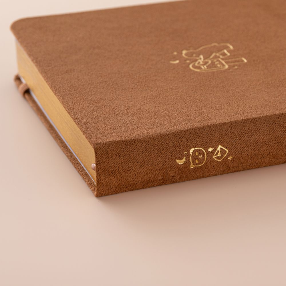 Close up of the gold details on the spine of a brown velvet bullet journal