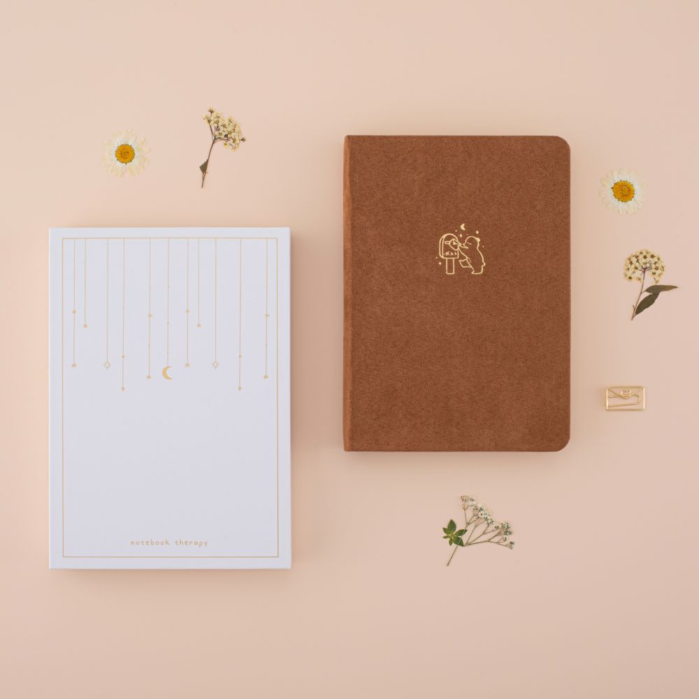 Flatlay of tsuki kuma brown velvet bear bullet journal with the recyclable gift box