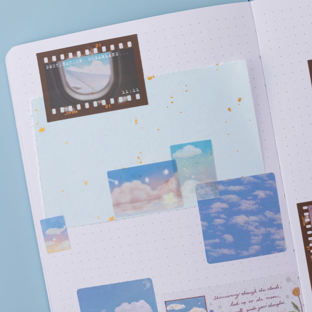 Close up of Cloud Dreamland stckers and paper on bullet journal spread