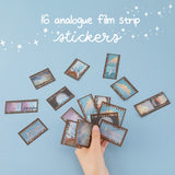 16 analogue film strip stickers with hand holding some of them