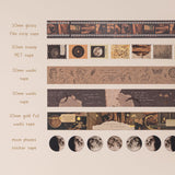 6 washi tapes dark academia style including glossy film strip tape, stamp PET tape, kraft paper washi tape, brown washi tape, gold foil washi tape and moon phases sticker tape
