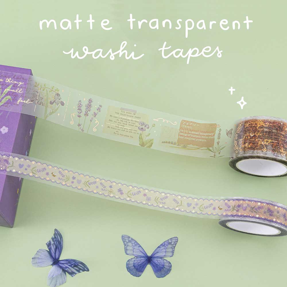 Tsuki ‘Enchanted Garden’ Matte Transparent Washi Tape rolls on green background