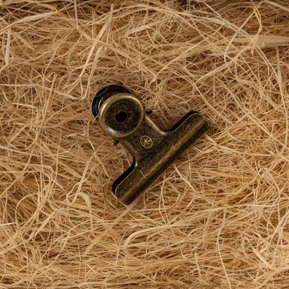 Close up of metal clip with gold details