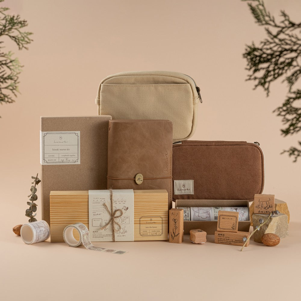 Hinoki collection including cream canvas travel pouch, scrapbook set, travel notebook, corduroy pencil case, stamp set and washi tapes