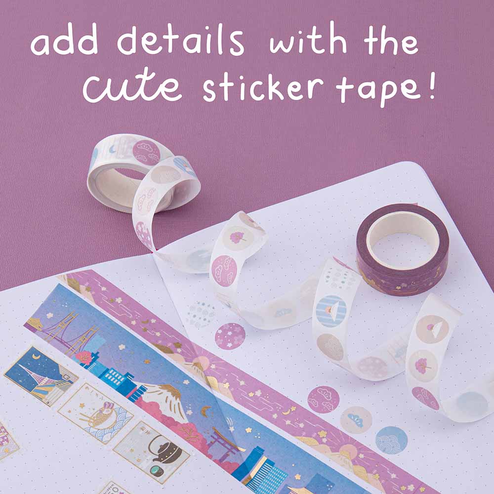 Washi tapes on top of notebook on pink background and the words “add details with the cute sticker tape” written in white