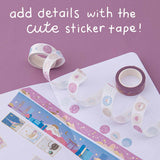 Washi tapes on top of notebook on pink background and the words “add details with the cute sticker tape” written in white