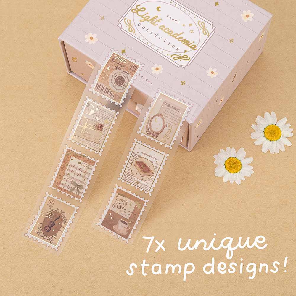 Tsuki Light Academia PET stamp tape roll with text 7x unique stamp designs in white