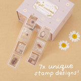 Tsuki Light Academia PET stamp tape roll with text 7x unique stamp designs in white