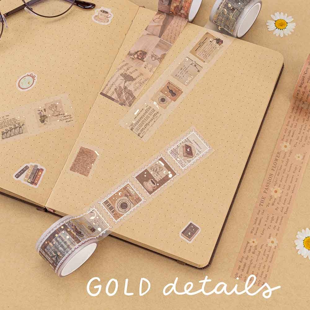 Tsuki Light Academia PET stamp tape roll, collage washi roll, PET roll on kraft paper bullet journal with ‘gold details’ written in white