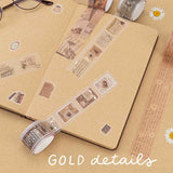 Tsuki Light Academia PET stamp tape roll, collage washi roll, PET roll on kraft paper bullet journal with ‘gold details’ written in white