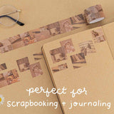 Tsuki Light Academia collage washi roll cut up and arranged on kraft paper bullet journal with text ‘perfect for scrapbooking + journaling’ in white
