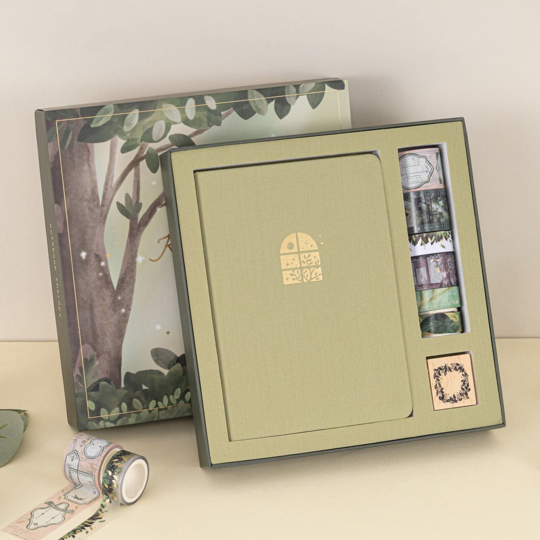 Tsuki ‘Komorebi’ Limited Edition Bullet Journal Set by Notebook Therapy opened box containing notebook, 6 washi tapes and a stamp