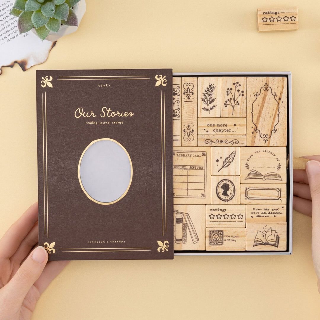 Tsuki Our Stories reading journal stamp set opened box flatlay