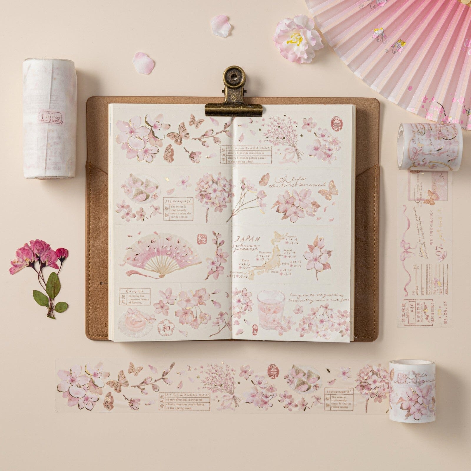 Hinoki into the blossom washi tape swatch on travel notebook