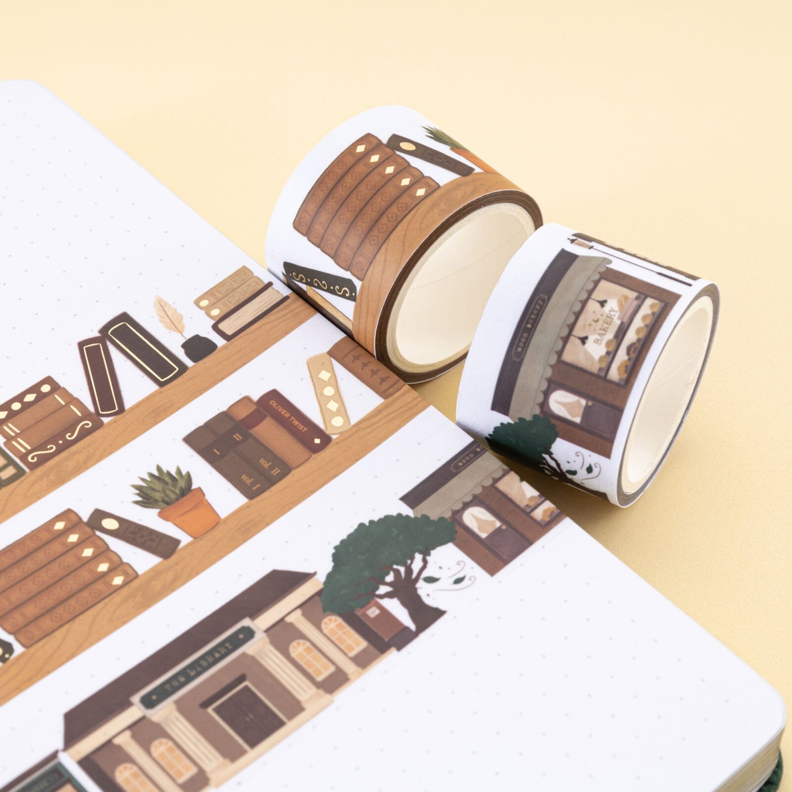 Book washi tape rolls with book shelf design and shop front designs
