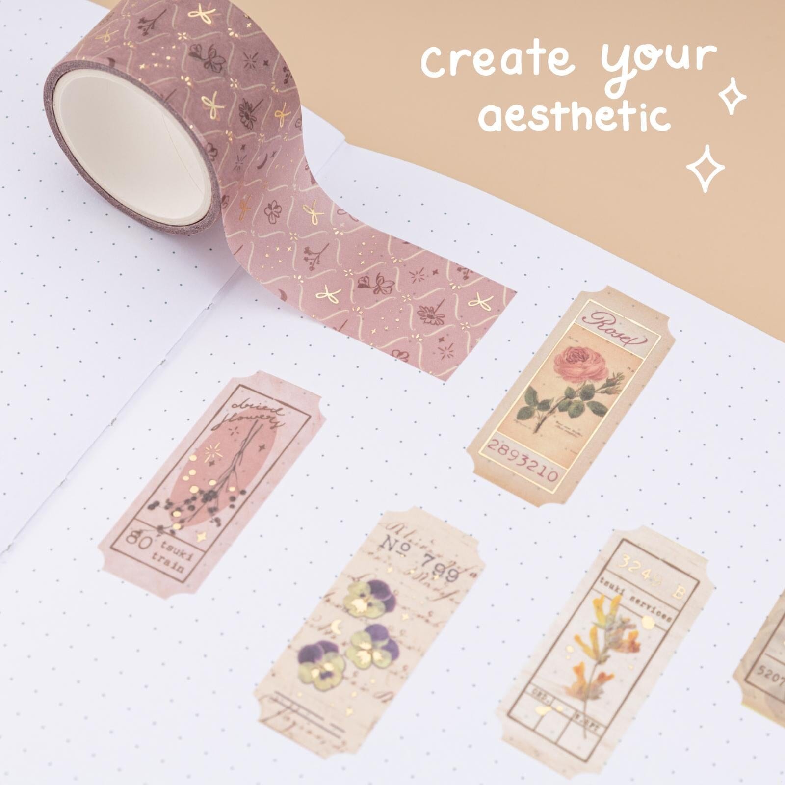 MoshiMoshi Floral Washi Tape With Gold Foil – 2M, Butterfly & Flower Design