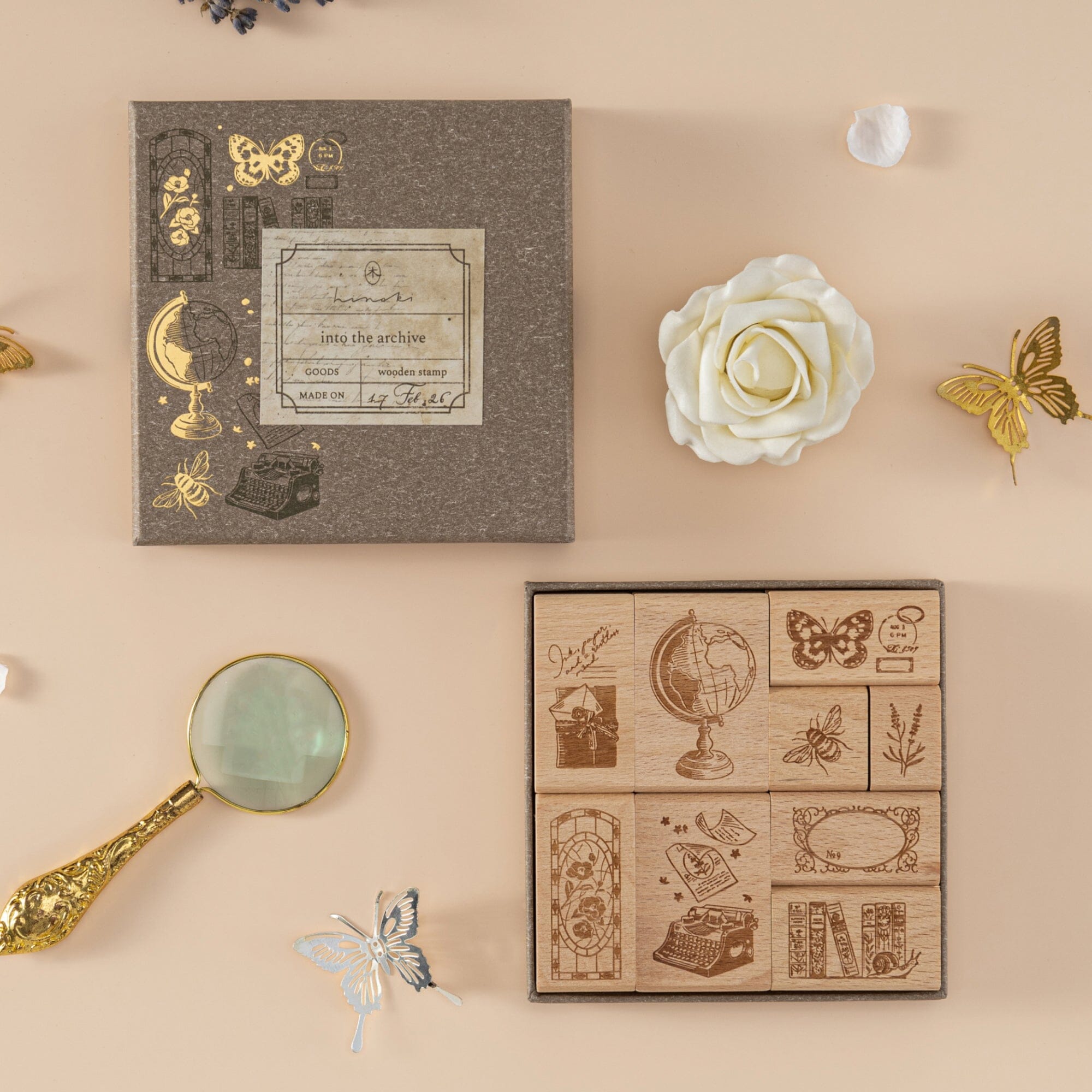 Hinoki - ‘Into the Archive’ Engraved Wooden Stamp Set