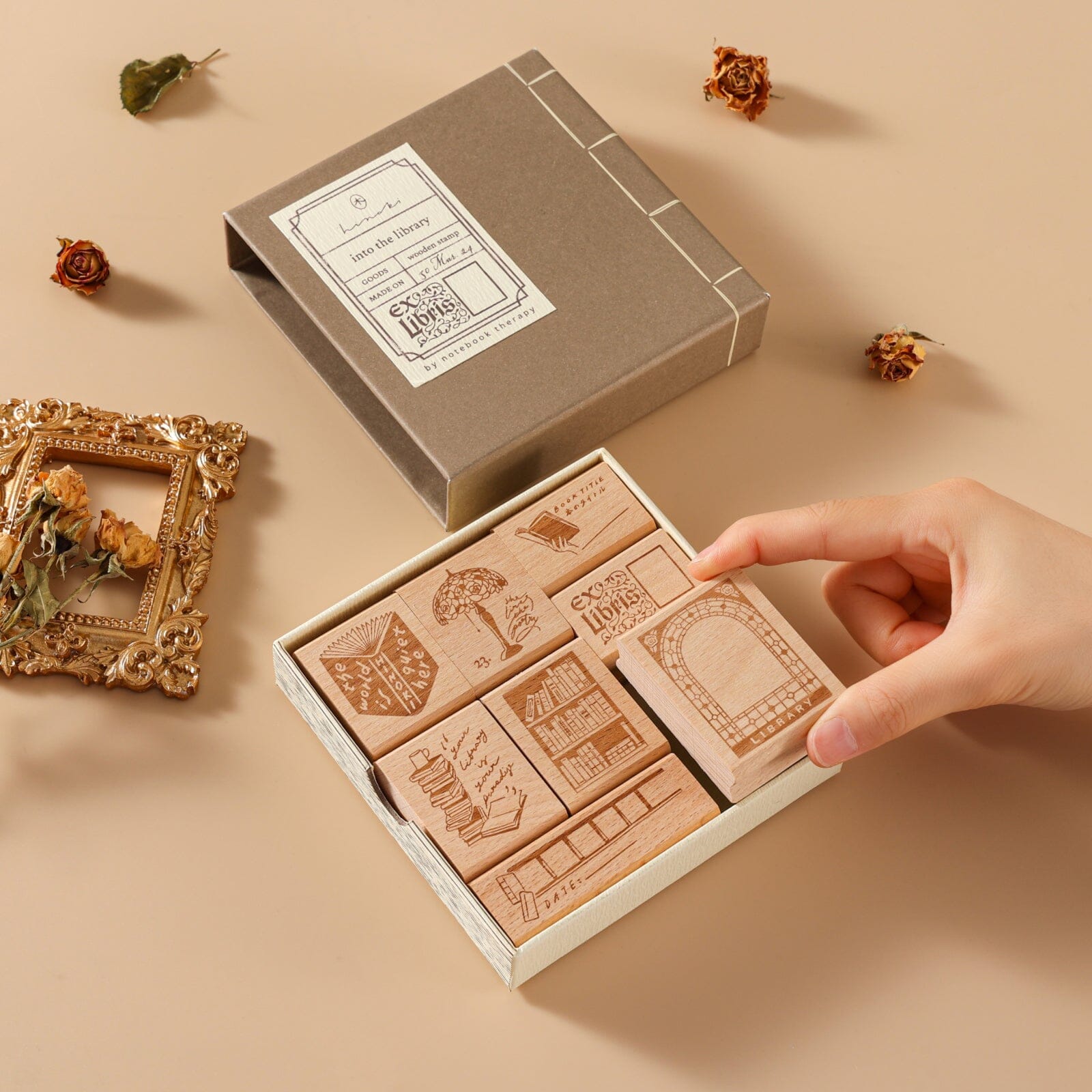 Hinoki - ‘Into the Library’ Engraved Wooden Stamp Set