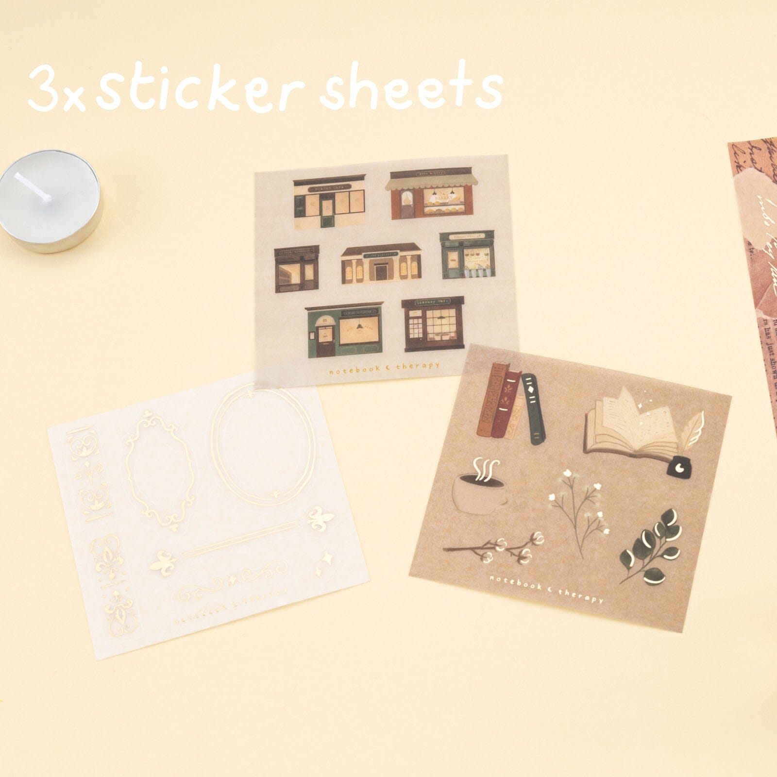 3x sticker sheets with gold foil details and book style illustrations