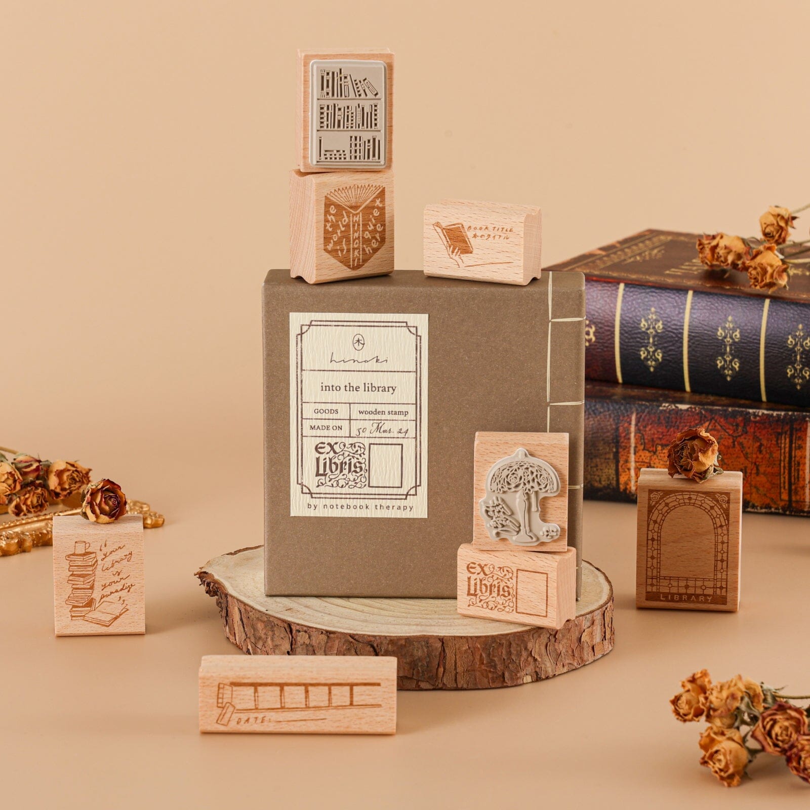 Hinoki - ‘Into the Library’ Engraved Wooden Stamp Set