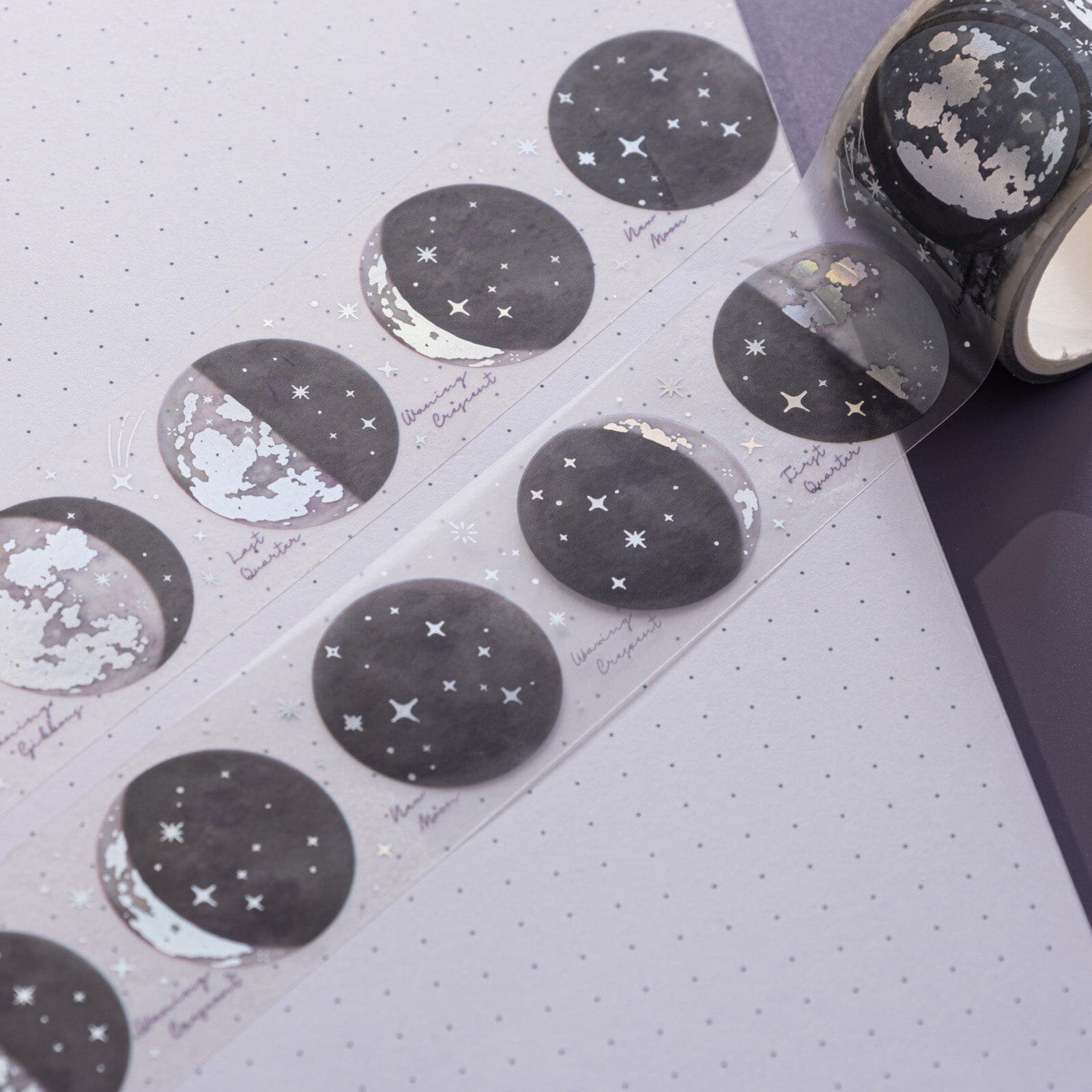 15mm Black & White Washi Tape - Moon, Stars, Snowflakes - silver