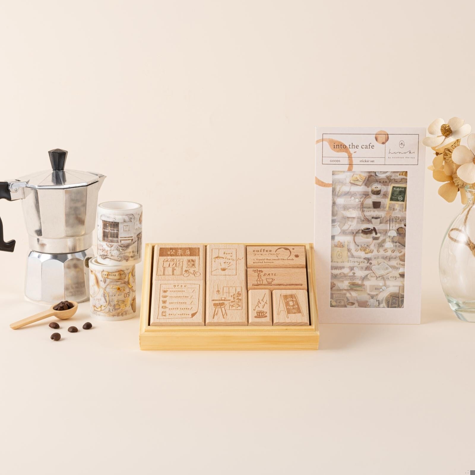 Hinoki - ‘Into the Cafe' Engraved Wooden Stamps Set