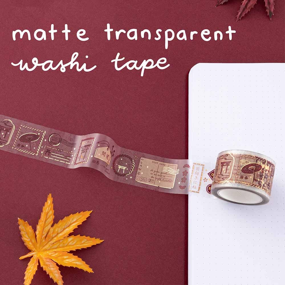 Mate transparent PET tape from Tsuki Torii washi tape set by notebook therapy on red background with maple leaf decoration