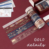 Tsuki Torii washi tape rolls stretched out on red background with “gold details” written in handwritten white text