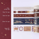 Swatch of Tsuki Torii washi tape set by notebook therapy on white paper including 1mm writing tape, 10mm foil tape, 15mm foil tape, 30mm foil tape and 30mm PET foil tape
