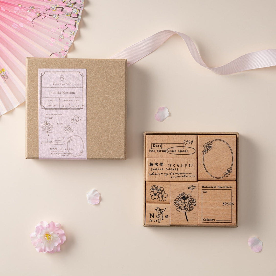  Hinoki into the blossom wooden stamp set opened box showing 6 wooden stamps inside