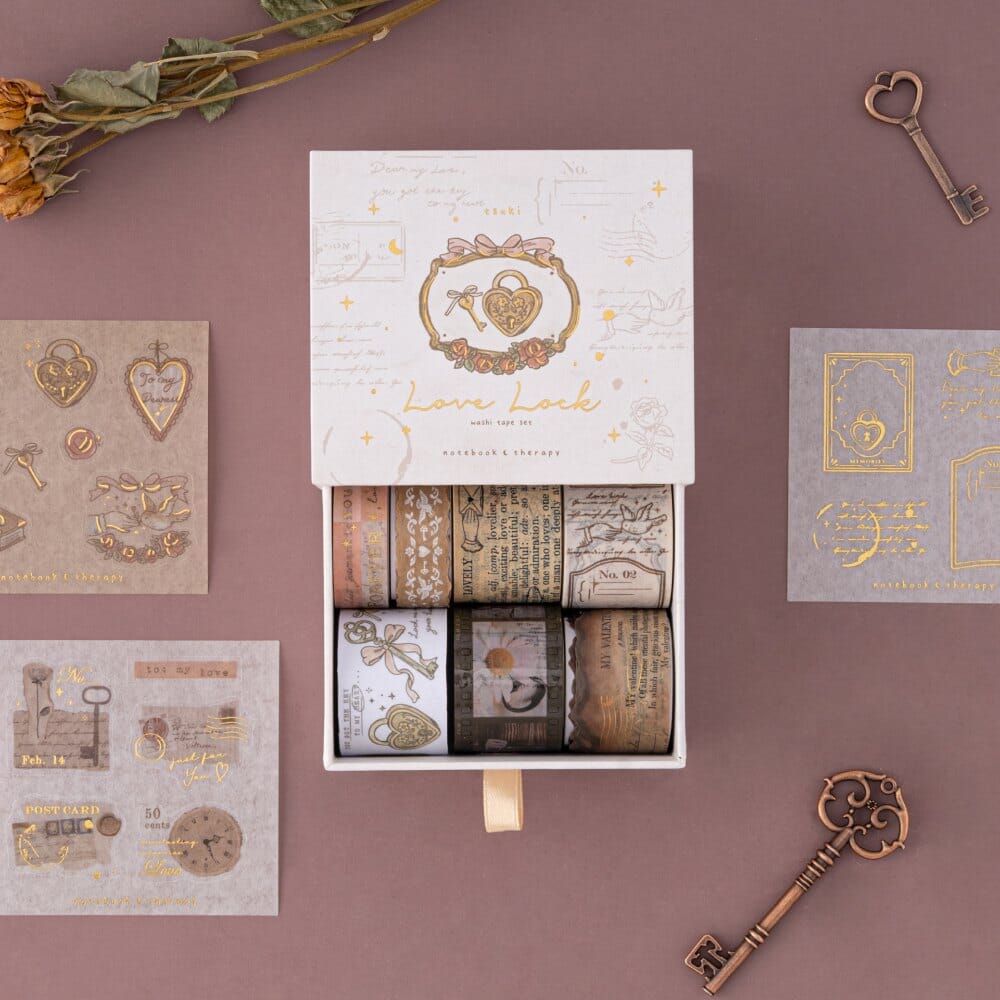 Tsuki Love Lock washi tape set by Notebook Therapy drawer box with 7 rolls of washi tape inside