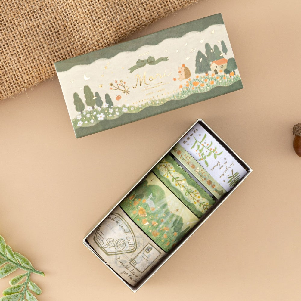 Tsuki Mori Washi Tape Set opened box including 5x washi tapes