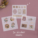 Three free stickers sheets from Tsuki ‘Vintage Rose’ Washi Tape Set with dried roses on mauve background