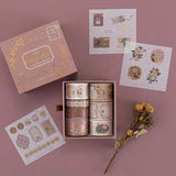 Tsuki ‘Vintage Rose’ Washi Tape Set with free stickers sheets with dried roses on mauve background