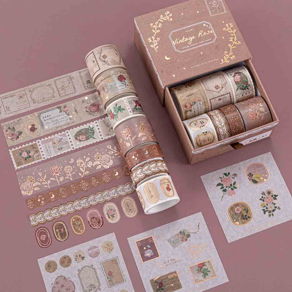 Tsuki ‘Vintage Rose’ Washi Tape Set with free stickers sheets on mauve background