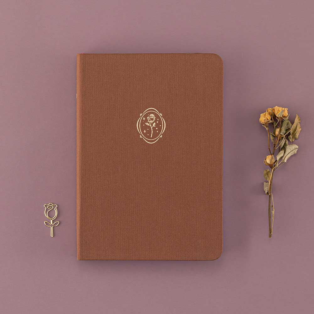 Tsuki ‘Vintage Rose’ Limited Edition Bullet Journal with dried roses and free rose bookmark gift on mauve background