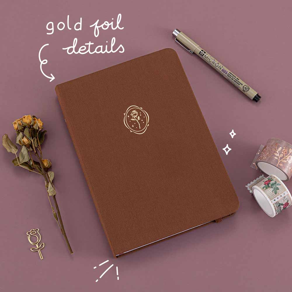 Tsuki ‘Vintage Rose’ Limited Edition Bullet Journal with Tsuki ‘Vintage Rose’ Washi Tape Set on mauve background with dried rose and pen