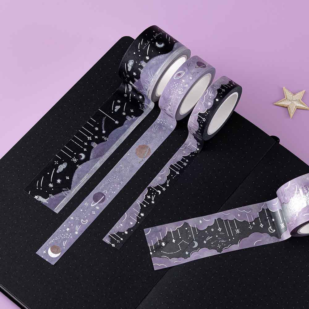 Tsuki ‘Falling Star’ Washi Tape Set rolled out on Tsuki ‘Falling Star’ Limited Edition Bullet Journal with stars on purple background