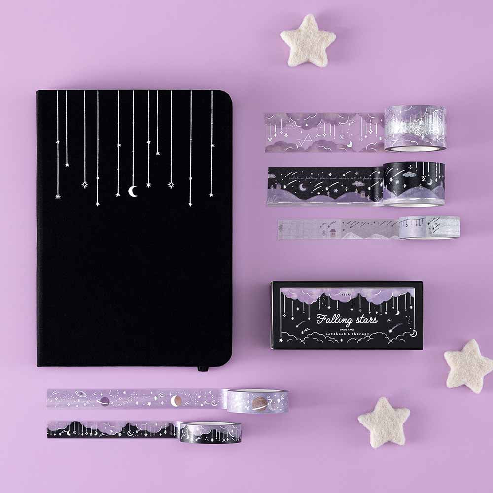 Tsuki ‘Falling Star’ Washi Tape Set with Tsuki ‘Falling Star’ Limited Edition Bullet Journal with felt stars on purple background