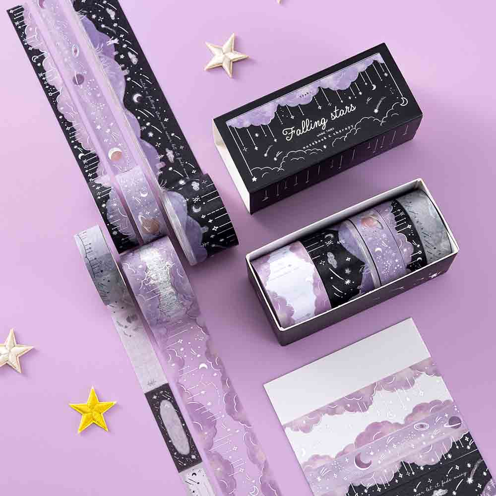 Tsuki ‘Falling Star’ Washi Tape Set rolled out with white card and stars on purple background