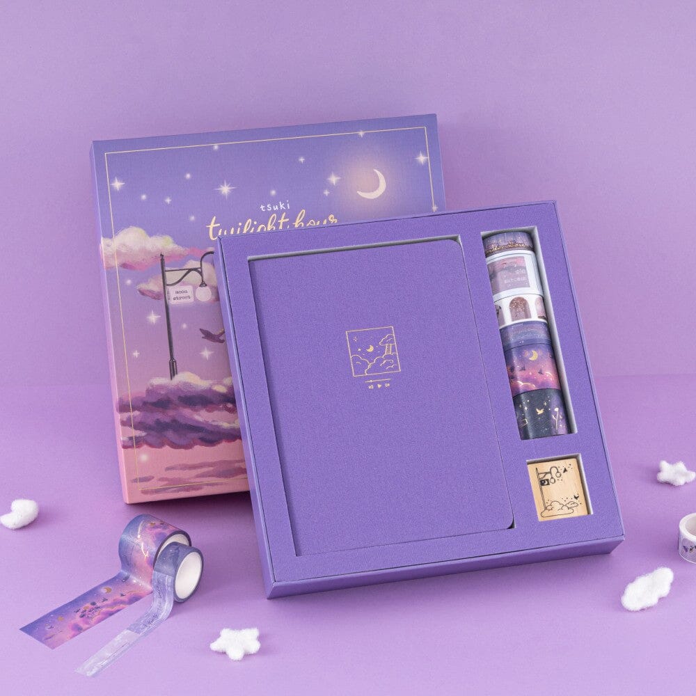 Tsuki Twilight Hour Bullet Journal set box with purple bullet journal, 6x washi tapes and 1x wooden stamp
