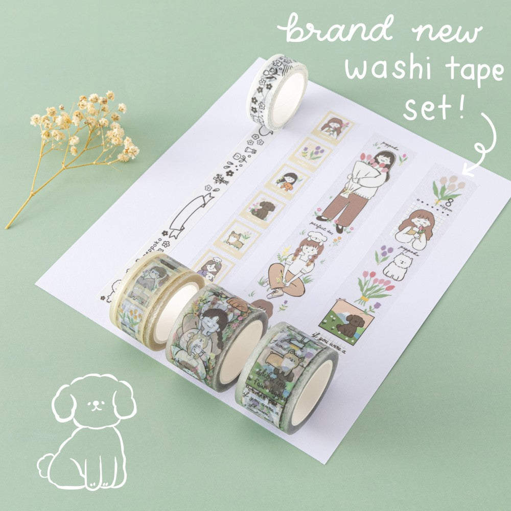 Brand new washi tape set designed with @peppoko_5537 with girl illustrations, dogs and flowers