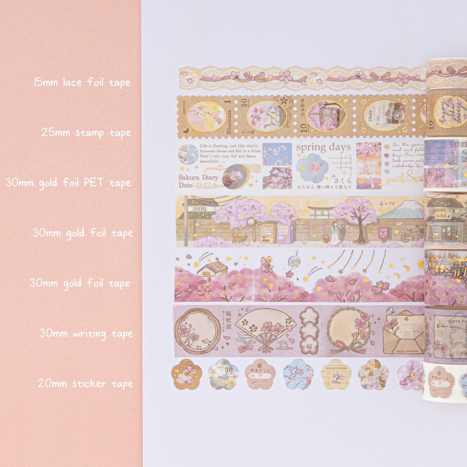 Sakura Breeze washi tape set swatch including 15mm lace foil tape, 25mm stamp tape, 30mm gold foil PET tape, 2x 30mm gold foil tape, 30mm writing tape, 20mm sticker tape