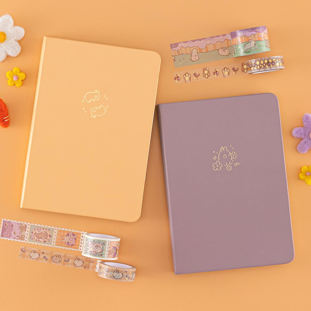 Tsuki ‘Bunny Blush’ Limited Edition Bullet Journals designed with Blossom Bujo with washi tapes and felt flowers on apricot background